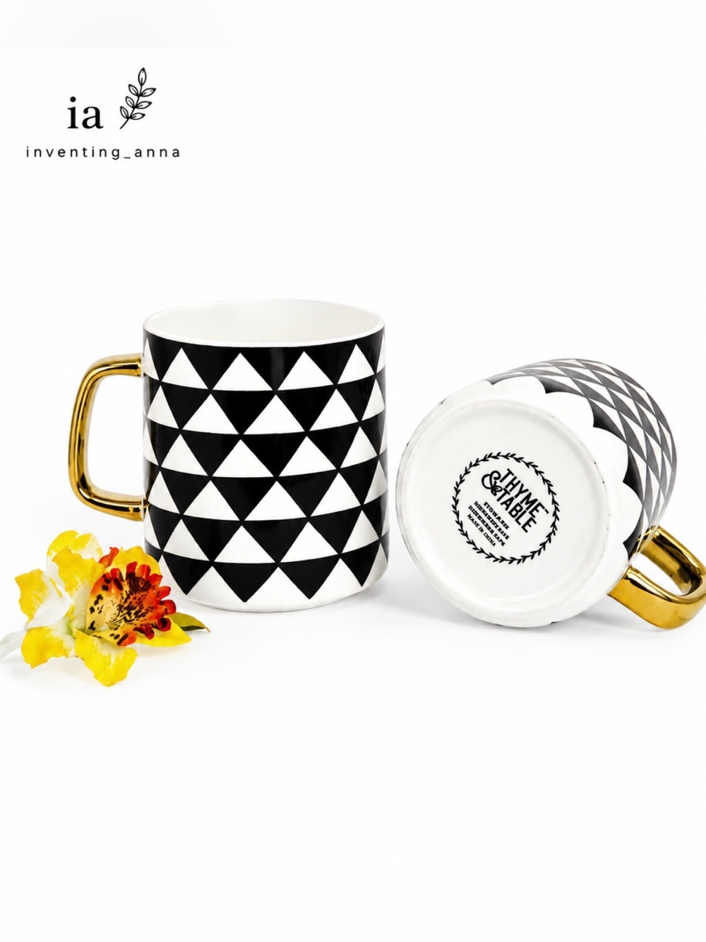 THYME & TABLE Black and White Geometric Mug Set with Gold Handle